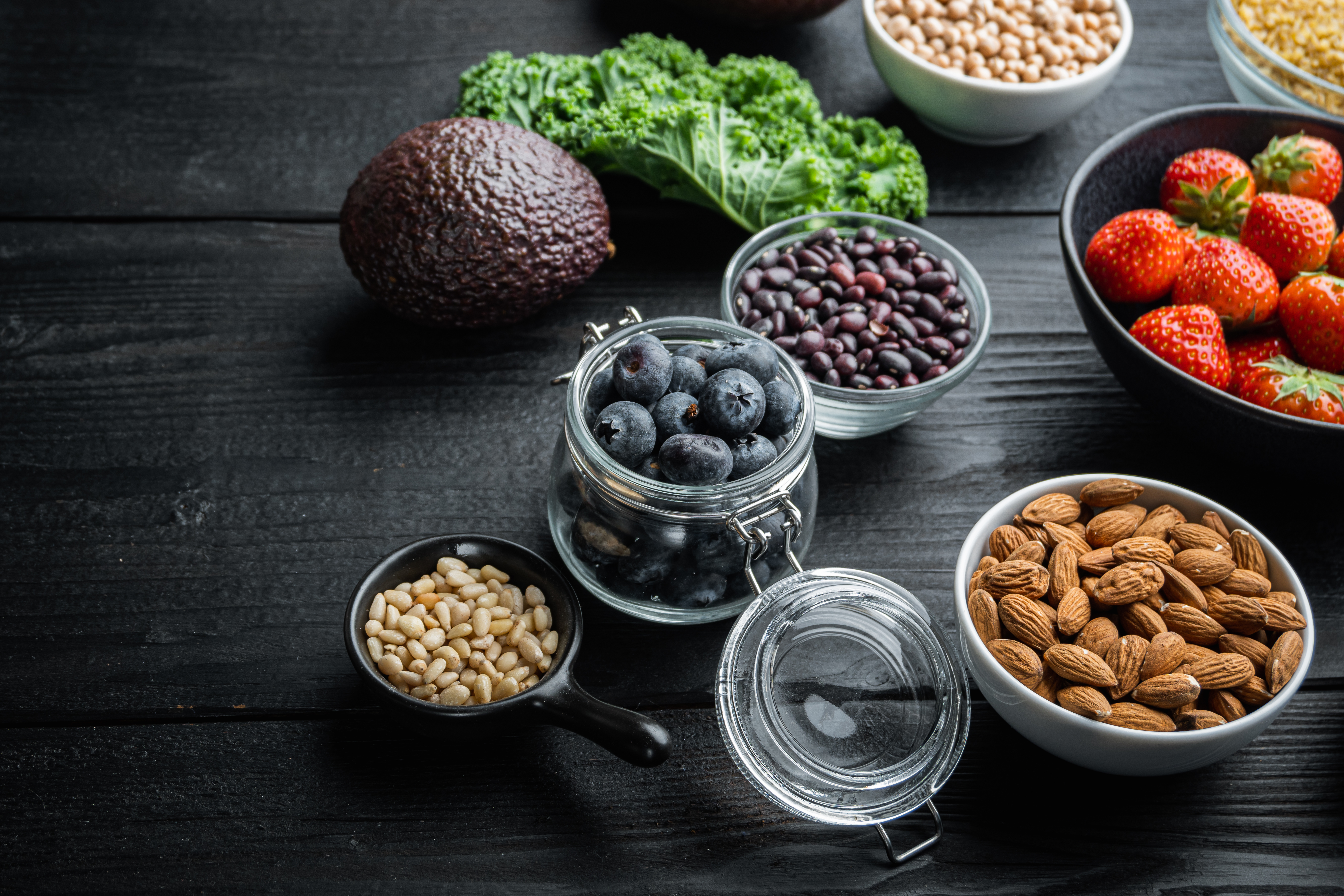 Fruits and grains on a table.