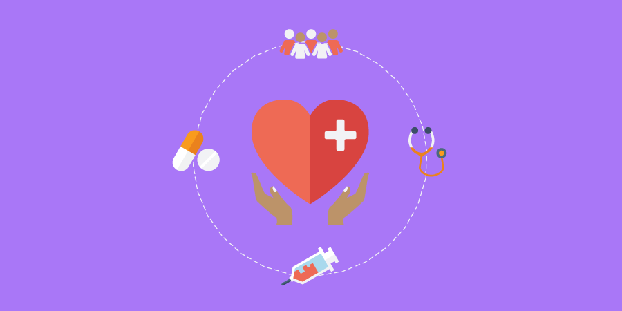 An illustration of a heart and a circle of medical icons around it.
