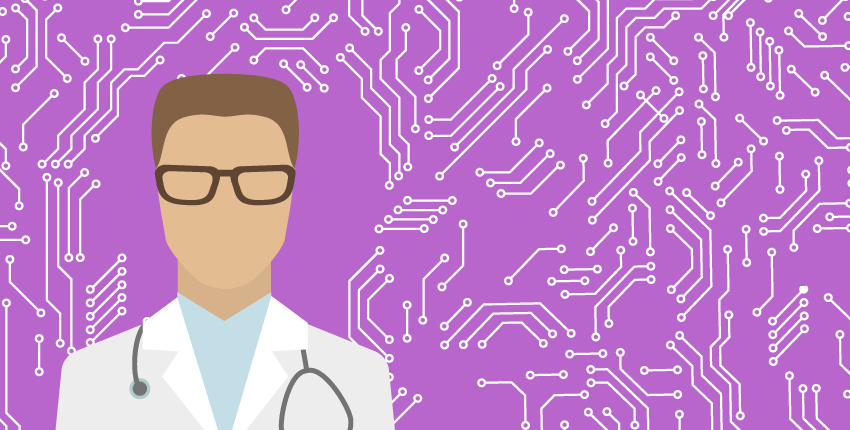 Male doctor wearing glasses in front of a bright background with electronic circuit pattern.