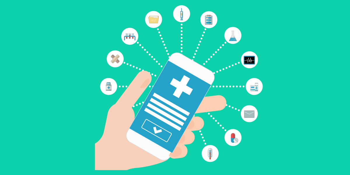 Hand holding phone connected to medical icon apps.