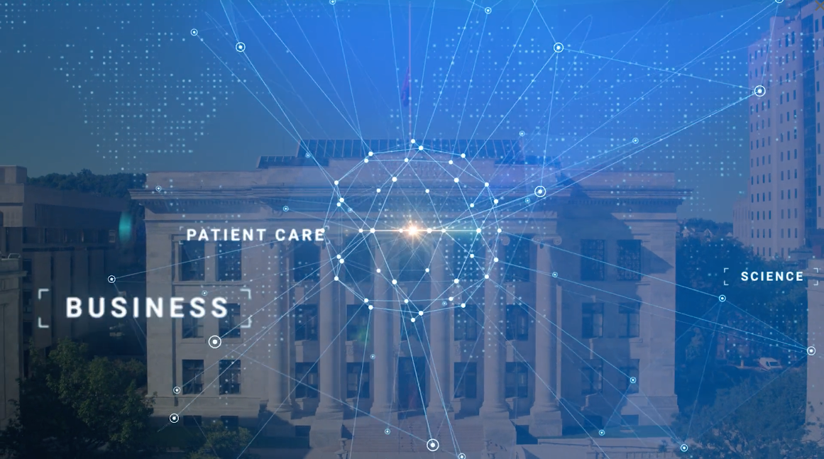 The words business, science, and patient care appear on a web over an image of Harvard Medical School.