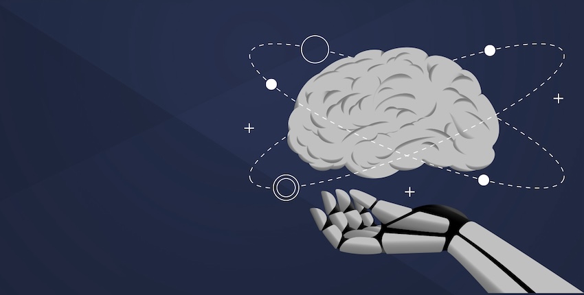 A navy blue background with an illustration of a robotic hand and a human brain hovering over it.