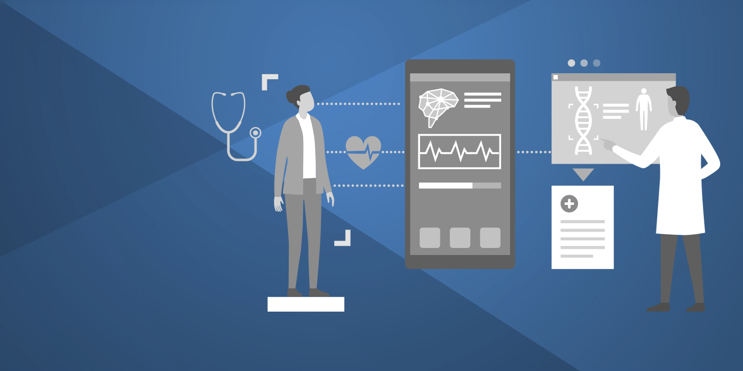  On the left, a human figure stands with digital health indicators, including a heart and a stethoscope, connected to a large mobile device screen in the center. The screen displays a brain, an electrocardiogram (ECG) line, and interface elements. On the right, a doctor in a lab coat interacts with a floating digital screen featuring a DNA strand and patient data. 