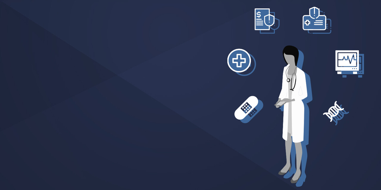 A health care provider with several icons surrounding them on a blue background.