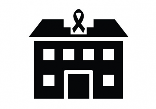 Basic icon of a building with a cancer ribbon positioned in the top-center