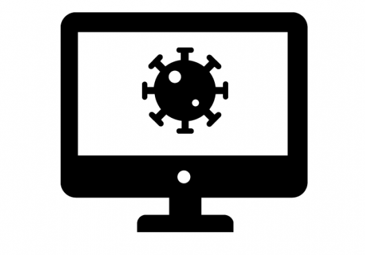 computer icon with covid-19 graphic in center