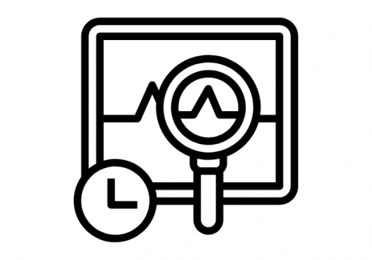 Basic icon of a health monitor screen with a clock in the bottom-left corner and a magnifying glass analyzing vitals