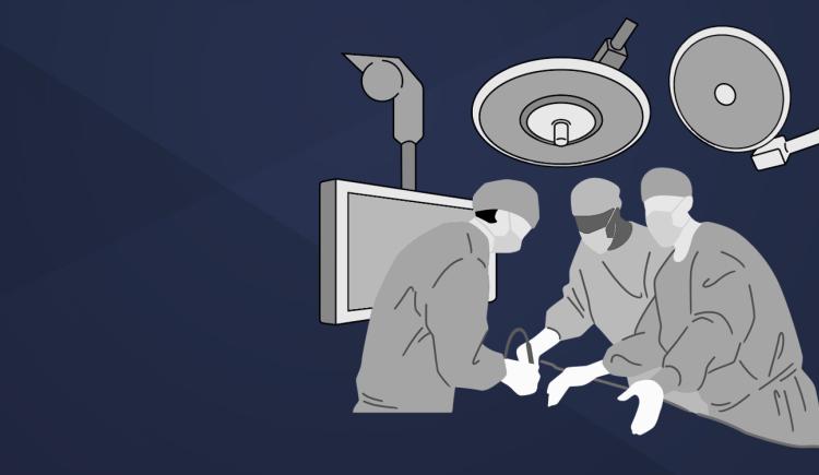 An illustration of surgeons operating on a blue background.