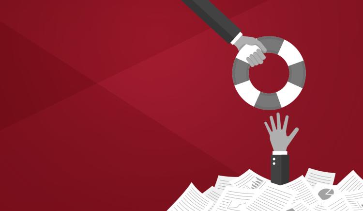 An illustration of a hand reaching out of a mountain of papers to grab a life vest.