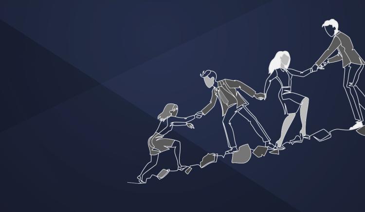 An illustration of people helping each other up an incline. 