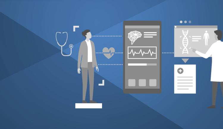  On the left, a human figure stands with digital health indicators, including a heart and a stethoscope, connected to a large mobile device screen in the center. The screen displays a brain, an electrocardiogram (ECG) line, and interface elements. On the right, a doctor in a lab coat interacts with a floating digital screen featuring a DNA strand and patient data. 