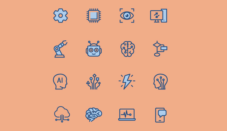 Artificial intelligence icons outlined in blue overlaid on a peach background