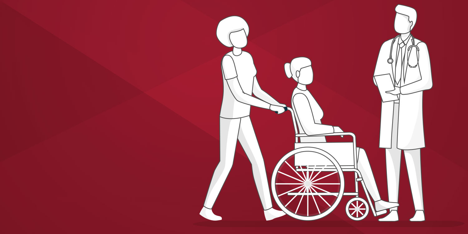 Illustration of a person pushing another person in a wheelchair with a doctor.