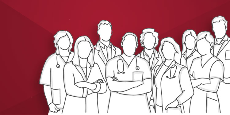 Illustration of health care professionals outlined over a crimson background.