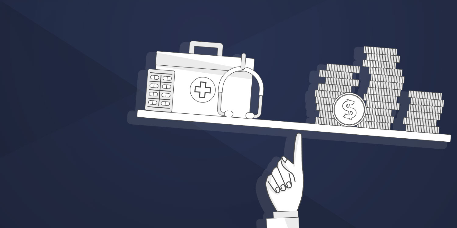 Illustration of a hand balancing a tray of money and medical equipment.