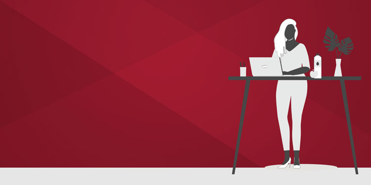 Illustration of an outline of a woman at a standing desk with an apple and reusable water bottle.
