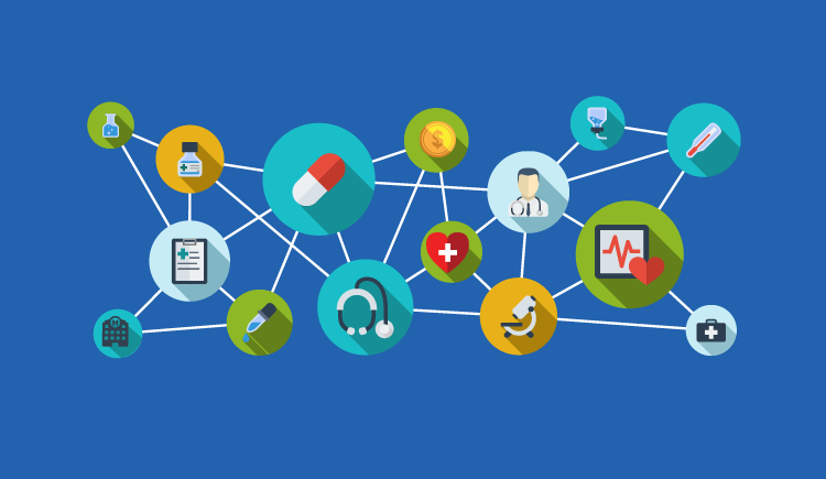 Medical and health care icons connected by a web.