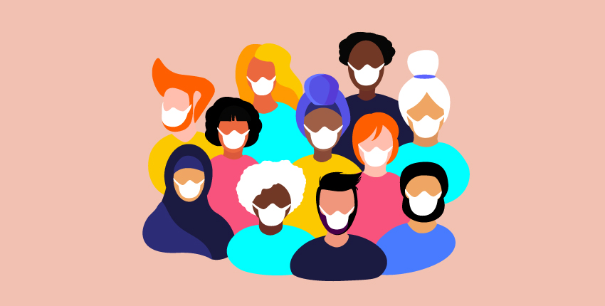 Illustration of diverse group of faces wearing masks