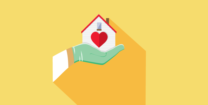 An illustration with hand holding a house with a heart on it. 