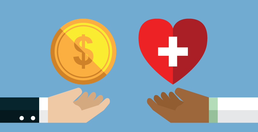 One hand holding a coin, one handing holding heart with medical symbol.