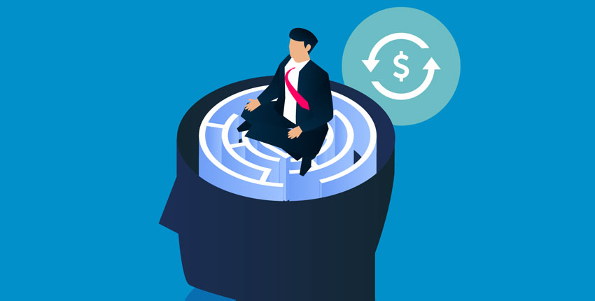 Graphic of man meditating with dollar sign to right