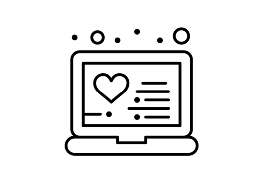 An icon of a computer with a heart on the screen and bubbles above the laptop.
