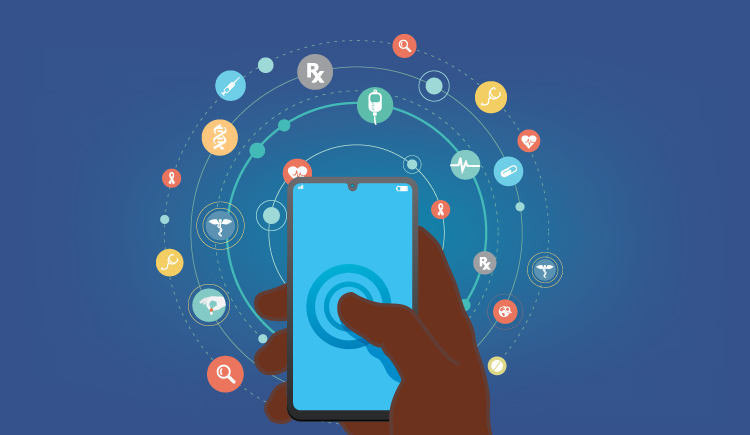 Circles with digital health icons swirling around a hand holding a cell phone