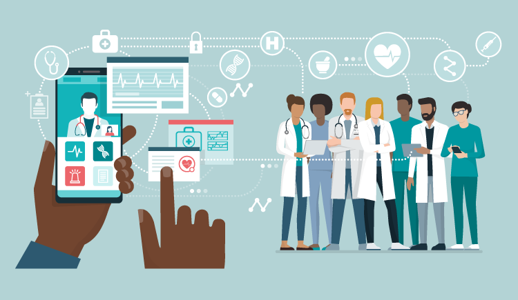 Hands hold phone that shows health apps; doctors surrounded by health icons